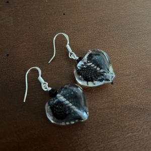 Black Swirled Glass Heart Earrings on Sterling Silver